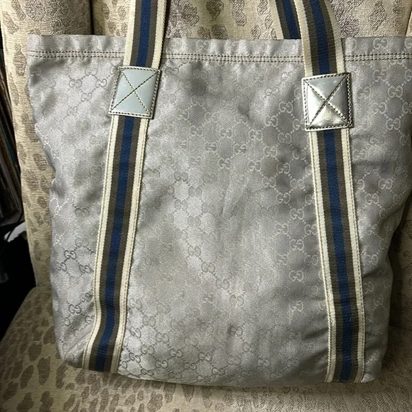 Gucci GG Silver Nylon open tote bag with green,blue,cream nylon stripes - Picture 11 of 17